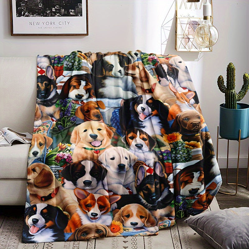 Stay stylish all year round with our Mid-Century inspired Dog Print Flannel Throw Blanket. This versatile piece is perfect for adding a touch of animal theme to your bed or sofa decor. Take it with you on your camping trips or travels for a lightweight