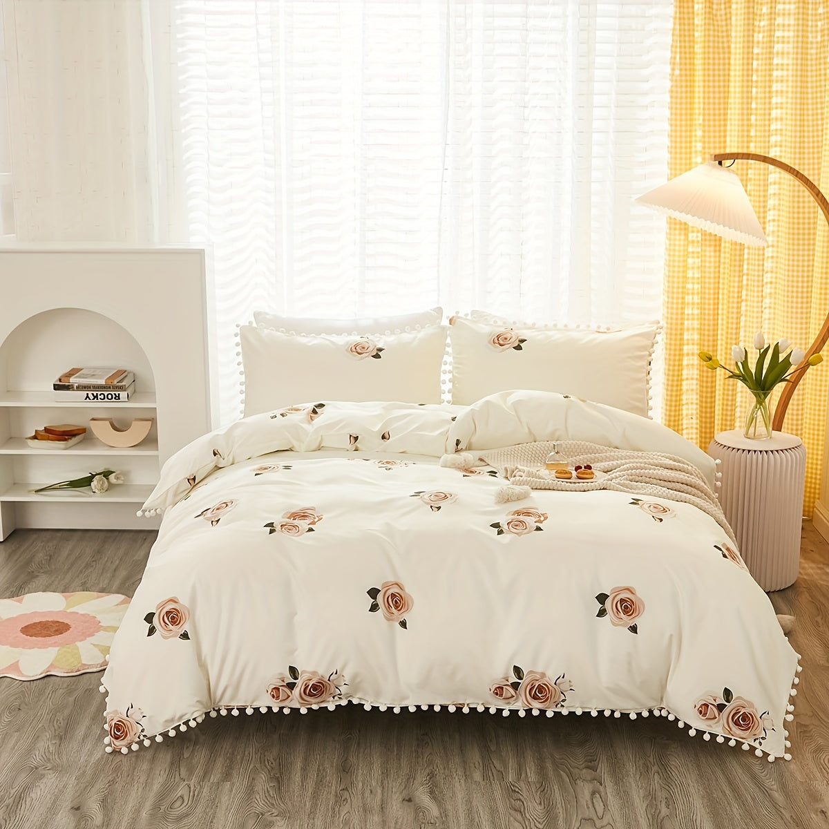 Set of 3 Fresh Duvet Covers (1 Duvet Cover + 2 Pillowcases, Core Not Included), Featuring a Pastoral Style Flower Print Bedding Set with Pompom Detail, Soft and Cozy for Bedroom or Guest Room Use