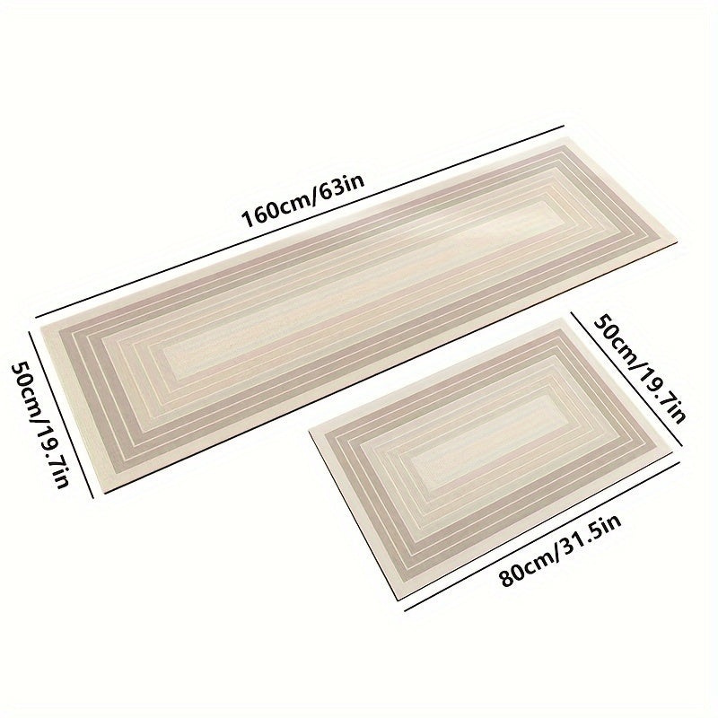 Set of 2 Minimalist Nordic Style Diabetic Earth Carpets in Sizes 50*80cm and 50*160cm. These Household Absorbent Kitchen Striped Floor Mats are 3.5mm thick and provide an anti-slip surface for long-lasting use.