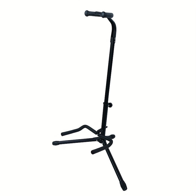 Portable guitar stand, adjustable height, foldable, with soft padding and rubber feet for all guitar types.