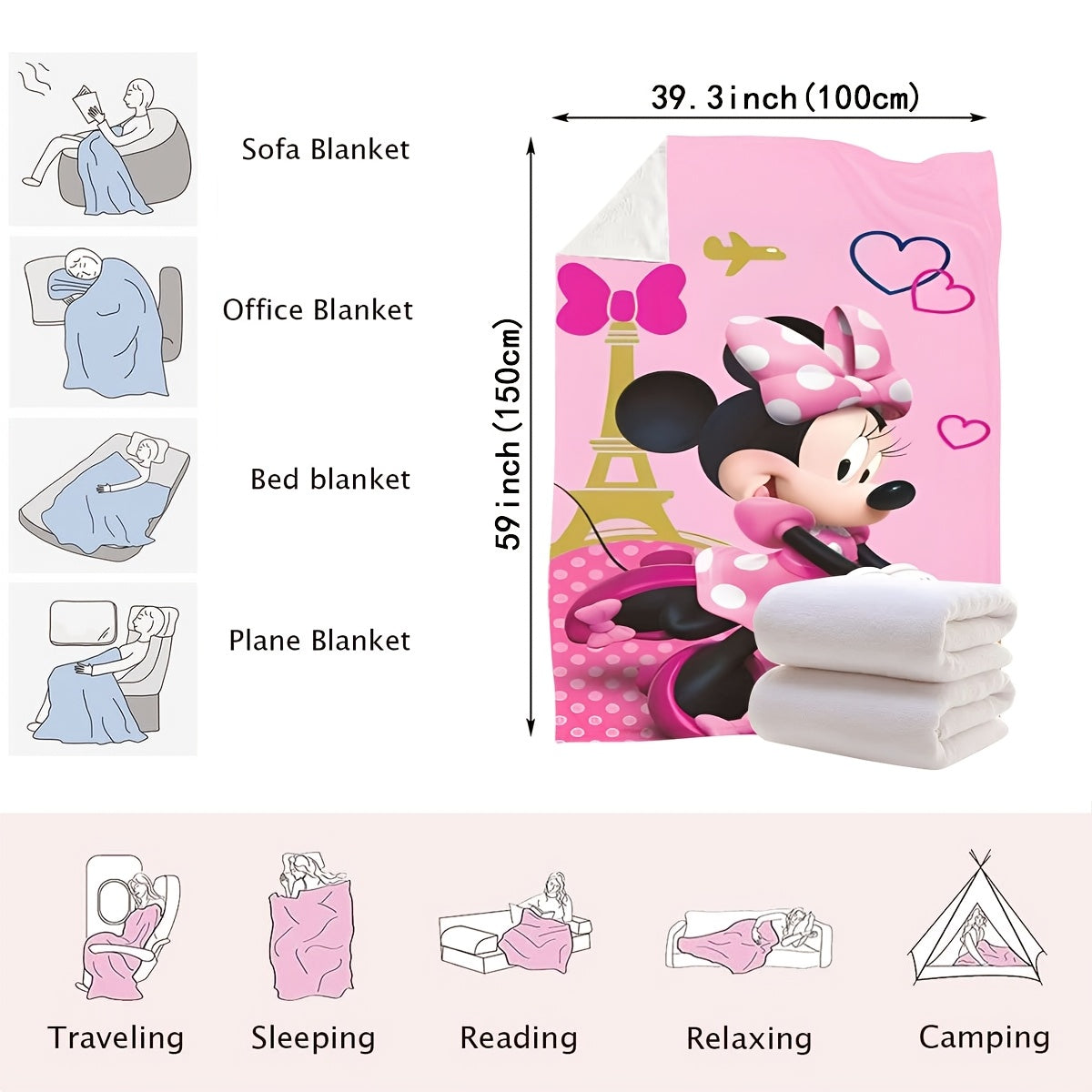 Minnie Mouse Paris Adventure Plush Throw Blanket - Modern Style, Versatile All-Season Knitted Polyester Blanket for Bedroom, Sofa, Bed, Car, Travel - 200-250gsm for Cozy Warmth