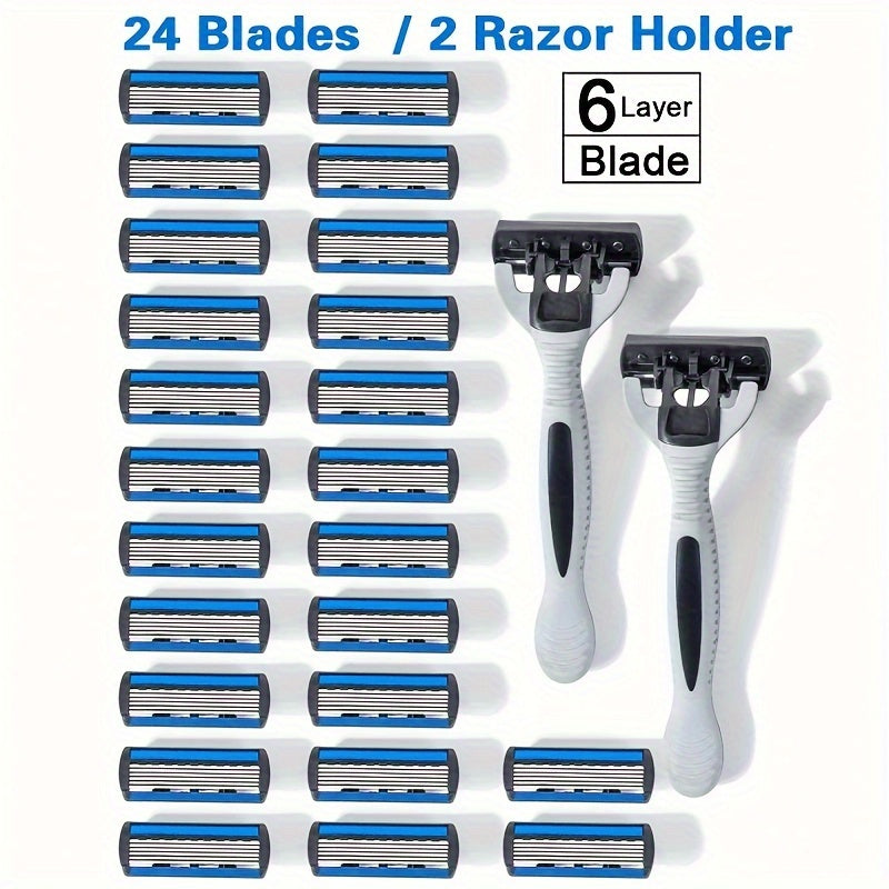 6-Layer Stainless Steel Safety Razor with 2 Handles and 24 Blades for Men and Women.