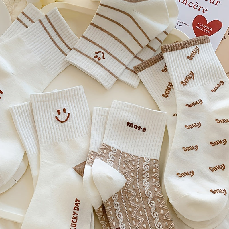 5 pairs of cute smiling print crew sports socks for women, soft and comfy.