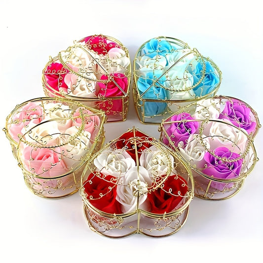 6-Pack scented soap roses in metal basket gift box, perfect for home decor or gifting occasions like weddings, Valentine's Day, or birthdays. Various colors available. No power needed