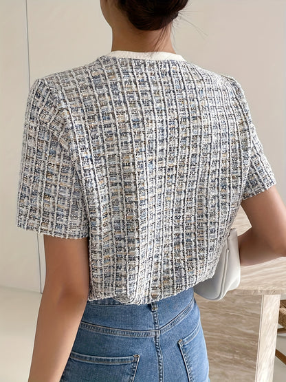 1 chic textured tweed women's t-shirt with pocket detail, button accent, polyester knit fabric, round neck, short sleeve, regular length for spring/summer/autumn.