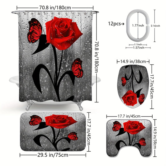 Water drop rose printed shower curtain set with hooks, non-slip mat, toilet lid mat, U-shape mat, and bathtub partition, a complete bathroom accessory set for home decor.