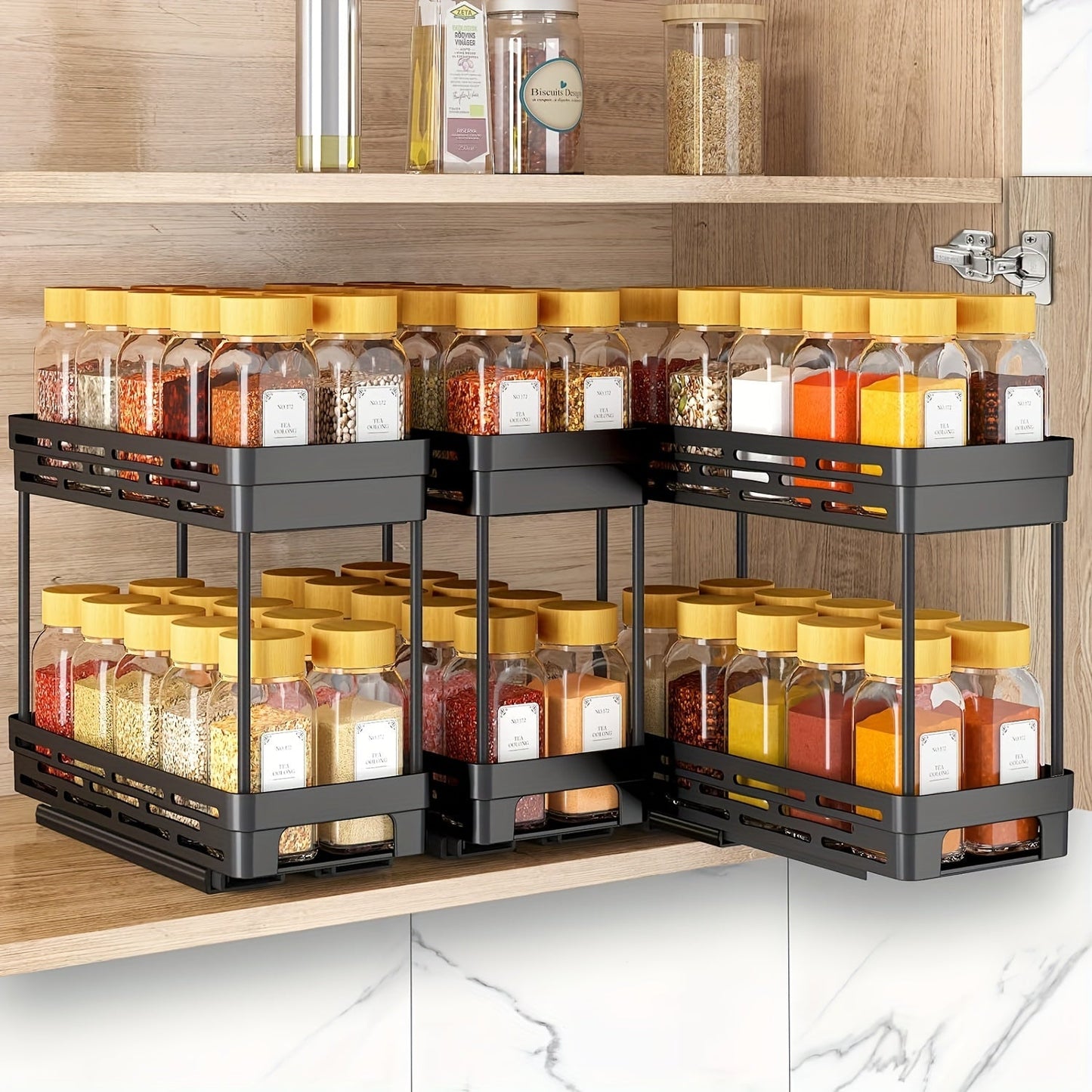 Easy to Install 3-Piece Pull-Out Spice Rack Organizer for Cabinets - Sturdy, Slide-Out Design Accommodates 10 Spice Jars on Each Tier