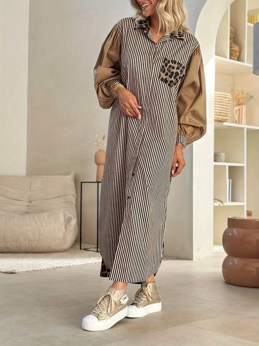 Chic leopard print and striped maxi dress for women with cat ear design, long sleeve, button front, lightweight polyester, machine washable.