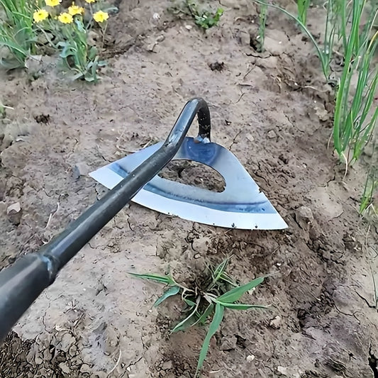 Sturdy stainless steel handheld garden hoe for effective weeding and soil cultivation in gardening and farming.