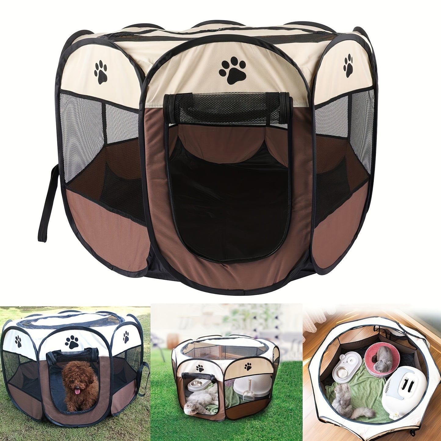 Foldable cat tent bed made of durable polyester with paw print design, zippered door for indoor/outdoor use.