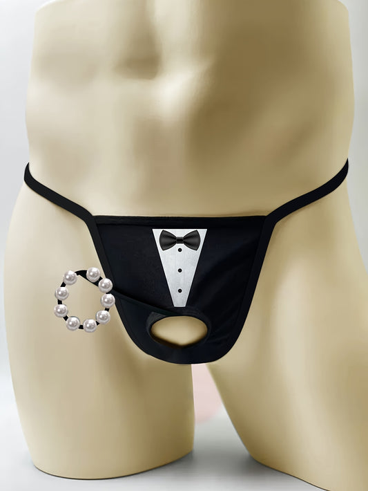 Men's novelty tuxedo print thong with beaded chain detail. Sexy lingerie in medium stretch knit fabric for a skinny fit. Ideal as a costume accessory.