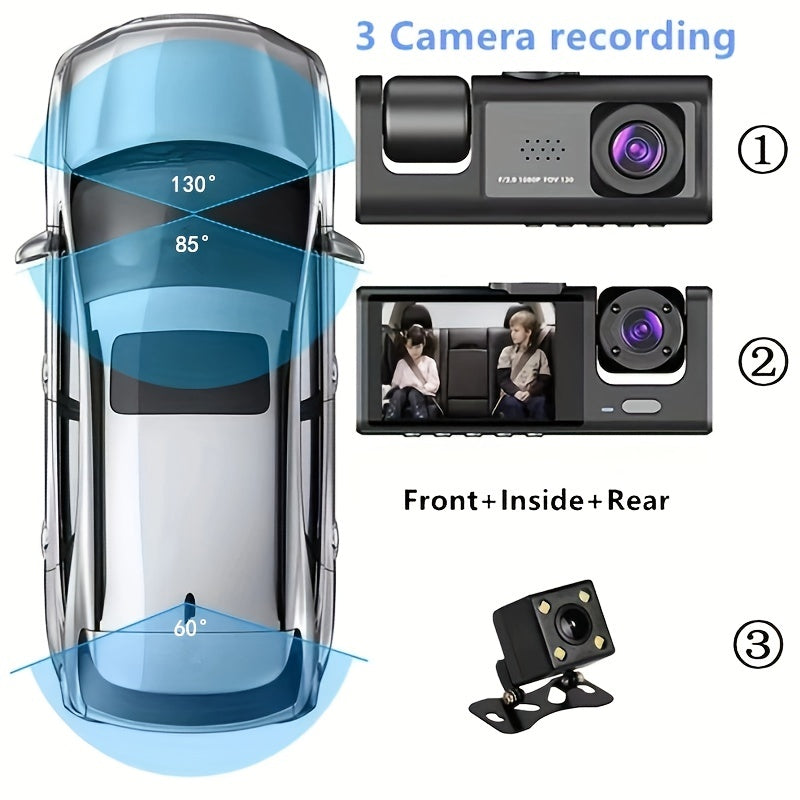 3-camera HD dash cam with 5.08cm screen, front & rear view, rechargeable battery, easy suction cup mount for cars, PC compatible, sleek design, and rechargeable device.