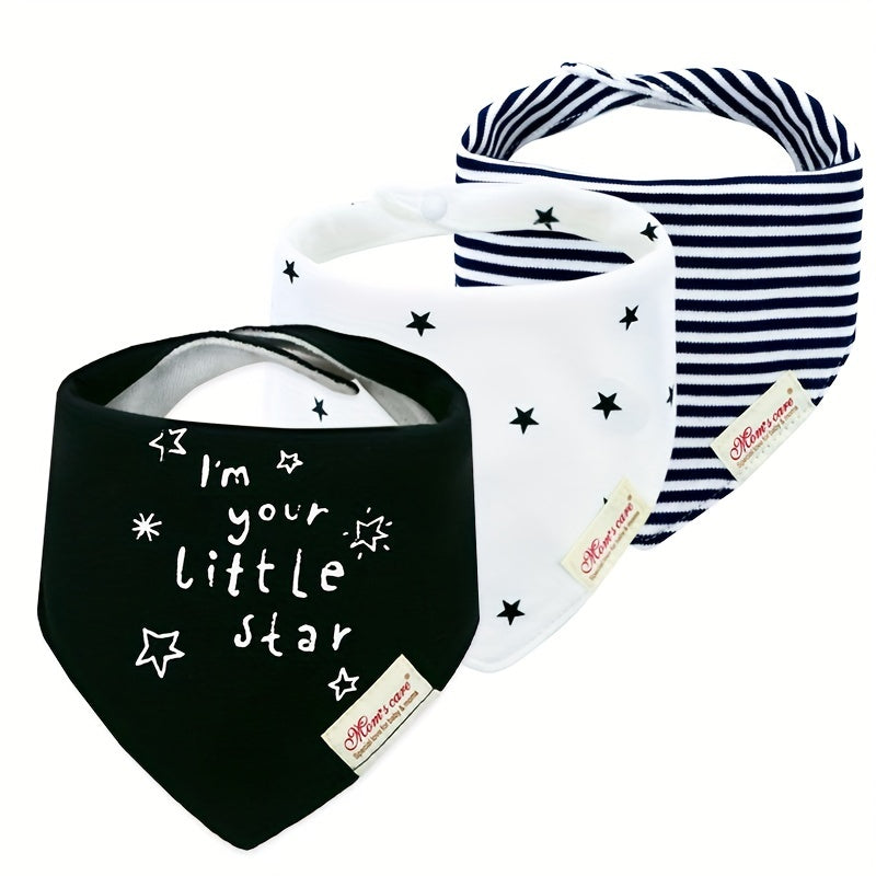 Baby Saliva Towel Set with 3 Pieces, includes Toddler Feeding Bib and Triangle Saliva Towel. Features Double Snap Adjustment Neck Bib for Baby Boys and Girls with Cartoon Embroidery.