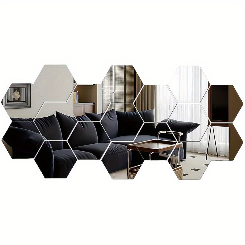 12 hexagonal mirror wall stickers - magnetic, self-adhesive acrylic tiles for decorating living room, bedroom, and TV background.