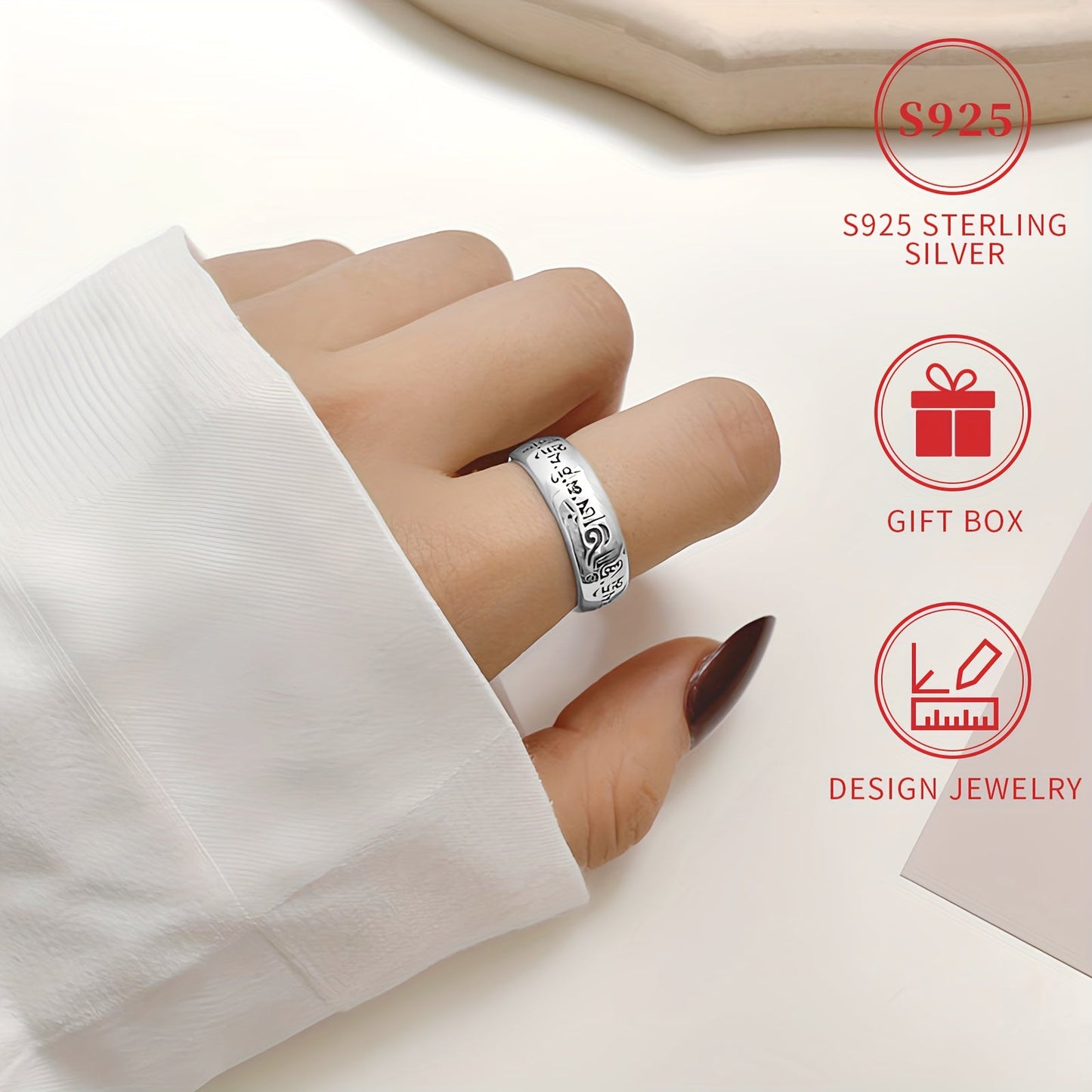 Vintage Ethnic Style 925 Sterling Silver Ring, 5g, Unisex, Hypoallergenic, Nickel-Free, Engraved with Mantra, Celestial Symbol and Solid Silver Plating. Ideal for Everyday Wear and Gifting, Comes in a Gift Box for presentation.