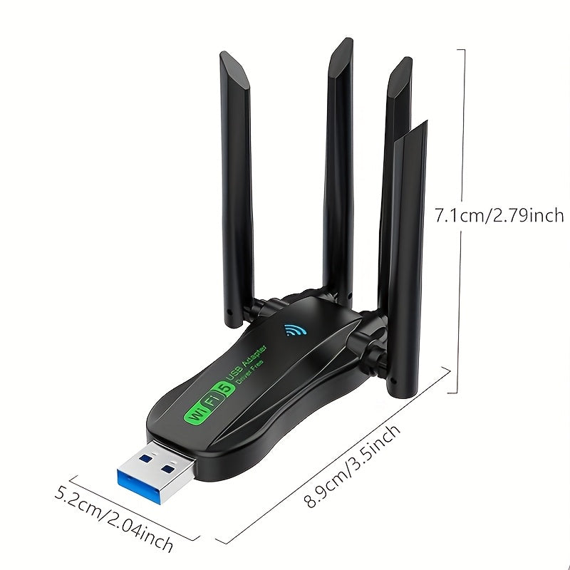 Dual-band 2.4G/5.8G Wifi adapter, 1300Mbps, USB interface, strong wall penetration, 4 antennas, high-speed internet, low latency, and reliable connectivity.