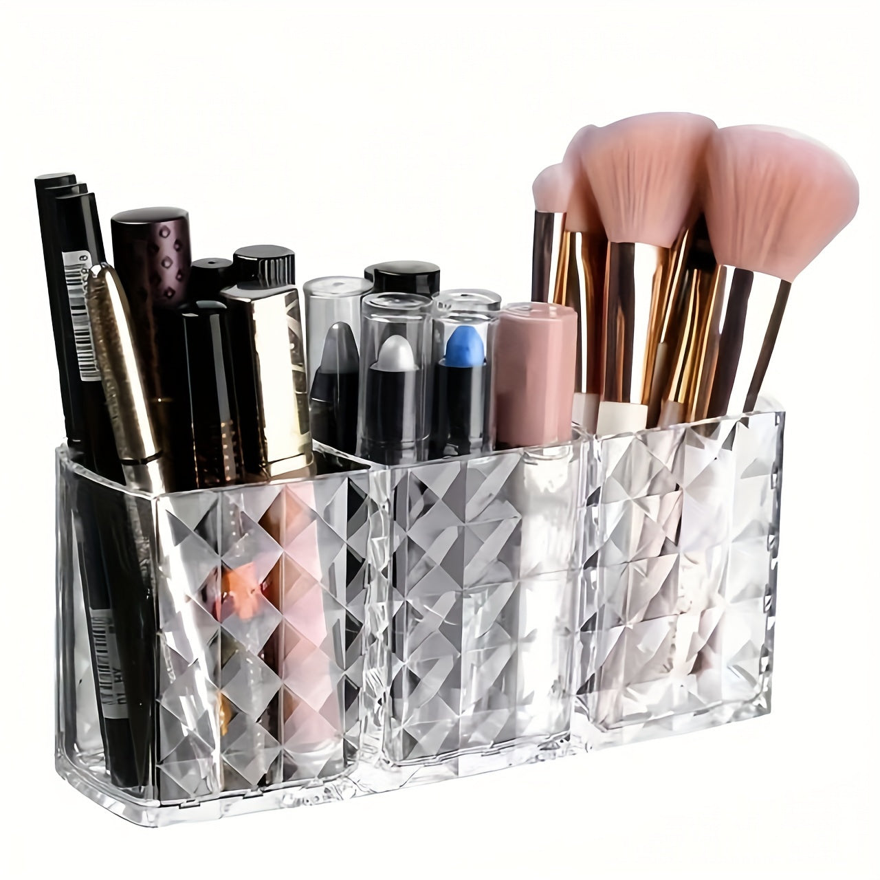 Elegant transparent makeup brush organizer with geometric design. Large capacity and multifunctional holder for brushes, lip gloss, liners, and more. Ideal for vanity, bathroom countertops, and cabinets.