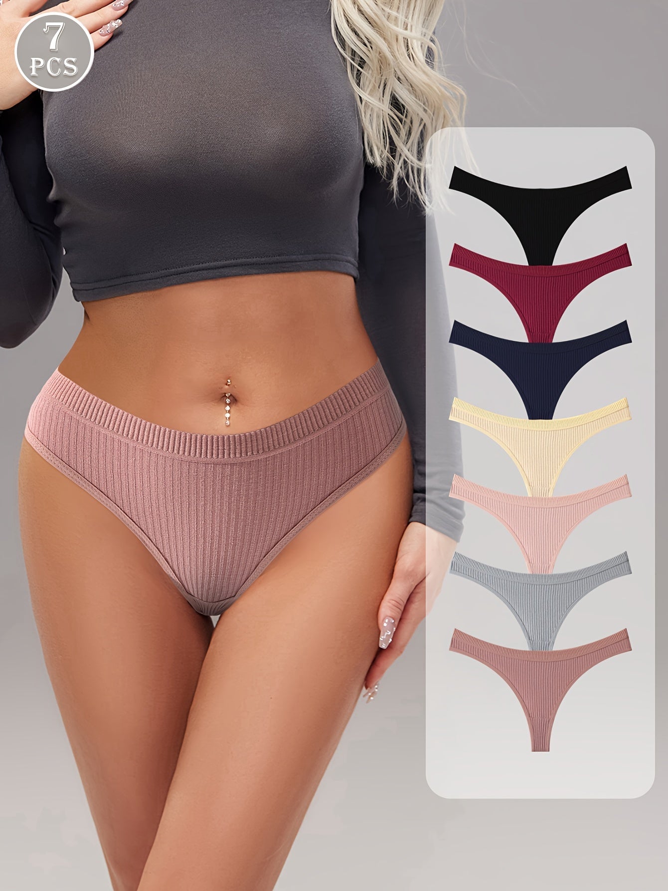 7-Pack of Sexy Low-Rise Thong Underwear in Solid Colors for Women