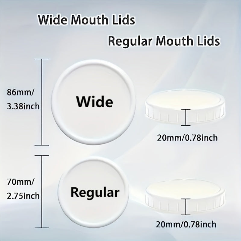 Get a total of 15 Mason jar lids with silicone rings in a variety of colors: 10 wide-mouth lids and 5 regular-mouth lids. These leak-proof caps are made of thick plastic and come in sizes of 86mm and 70mm for your Mason jars.