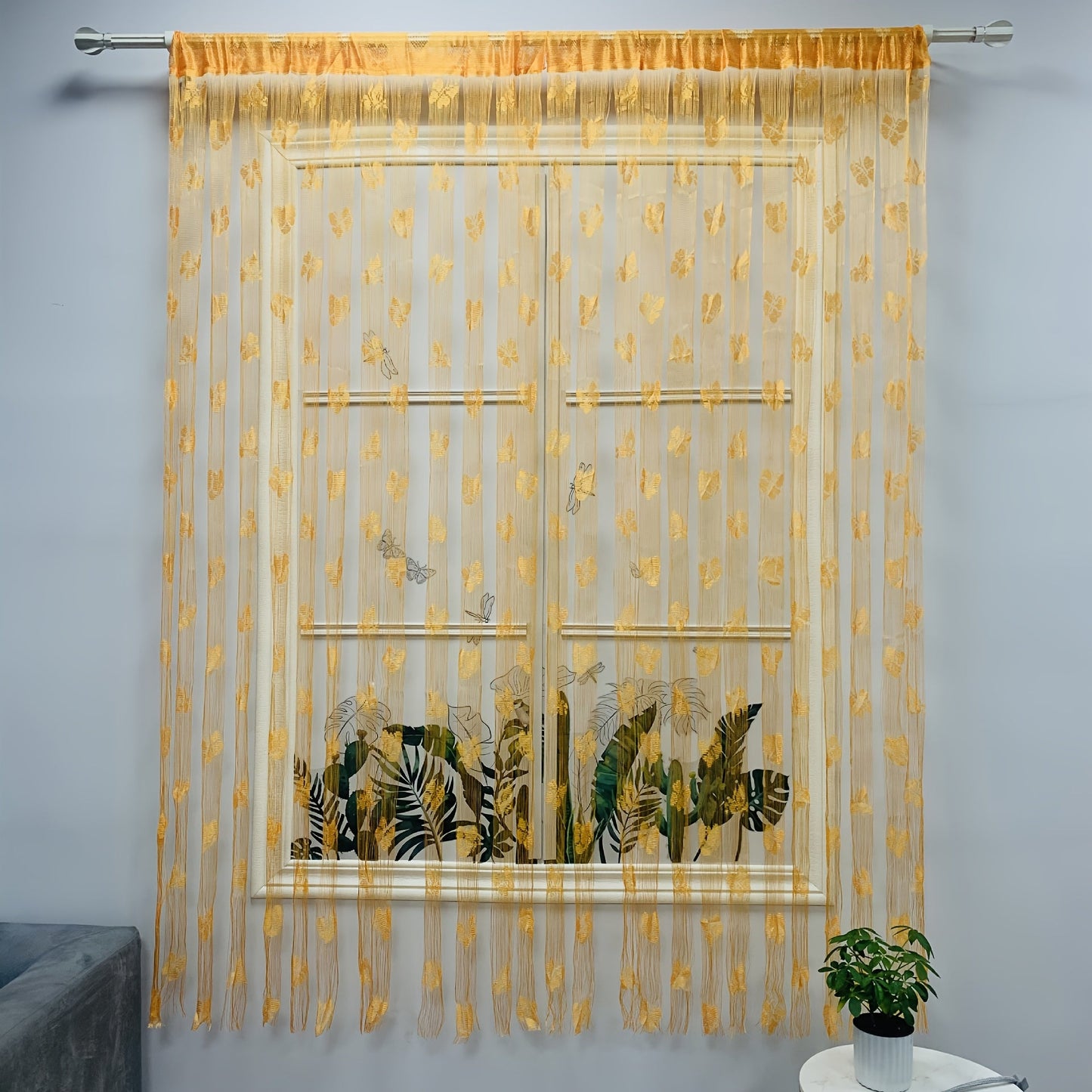 Stunning Sheer Curtain featuring a Vibrant Orange-Yellow Butterfly & Floral Pattern - Made from Durable Lightweight Polyester, with a Convenient Rod Pocket Design perfect for Living Rooms, Weddings, and Hotels - Simple to Clean, Ideal for All Seasons, a