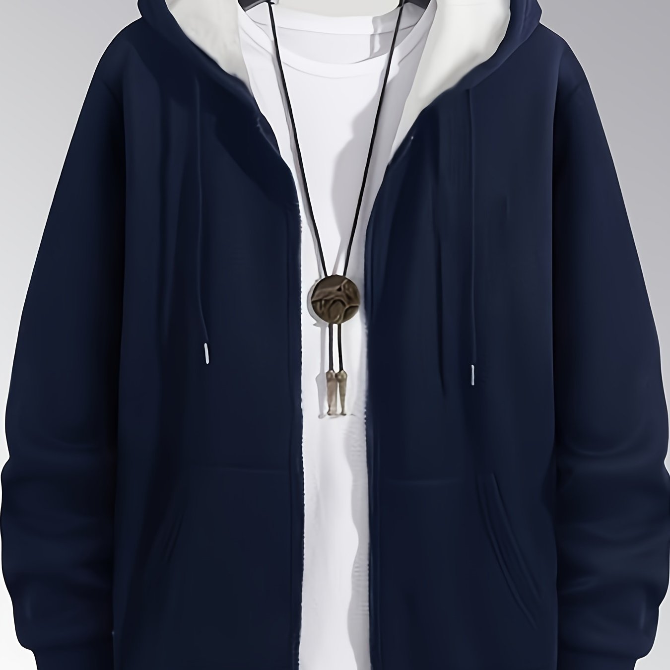 Plus Size Men's Casual Hooded Sweatshirt with Zipper Closure and Pocket Detail in Solid Color Polyester Knit Fabric for Winter