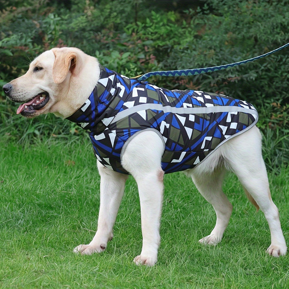 Windproof and waterproof dog jacket with reflective strips for all breed sizes, perfect for outdoor activities.