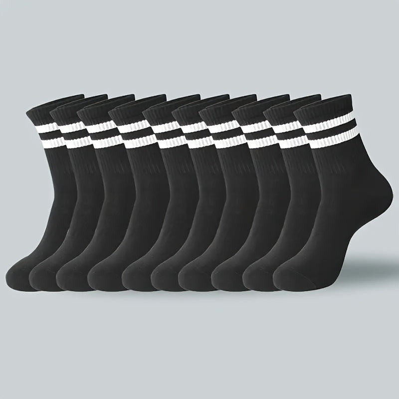 Dual-striped long socks for men and women made from breathable polyester knit fabric. Can be hand washed or dry cleaned. Available in black/white.