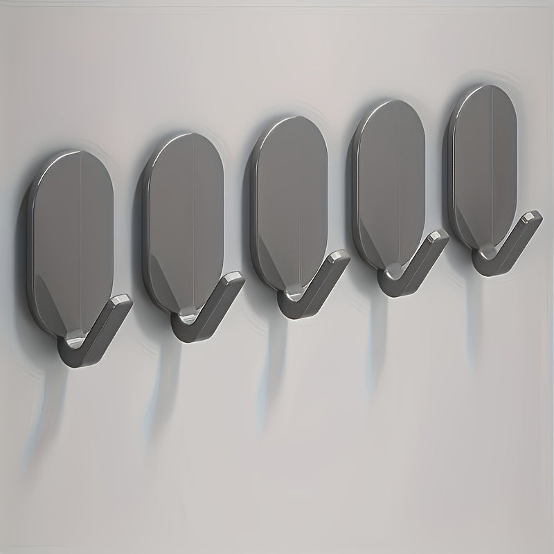 5 heavy-duty adhesive hooks for bathroom wall-mounting, great for towels and robes, easy installation without drilling.