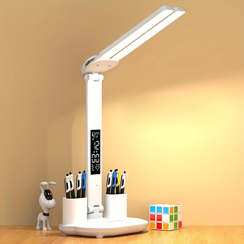 LED desk lamp with eye protection, foldable design, time display, and various functions for use in student dormitories, bedrooms, and workspaces.