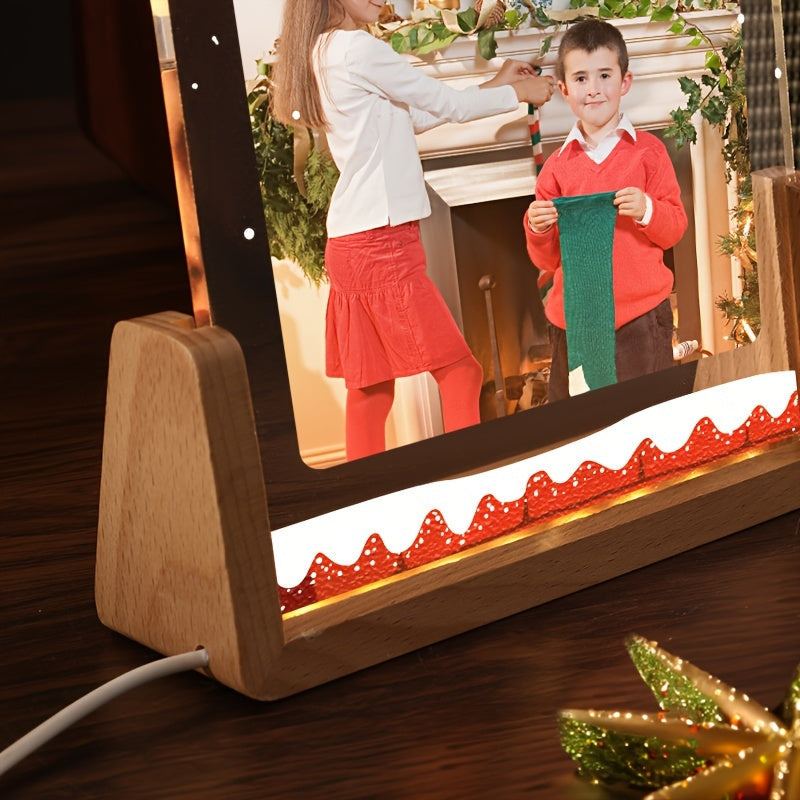 Personalized Christmas photo frame made of luminous love acrylic, featuring a high-end transparent design perfect for displaying photos. This customizable acrylic frame is a great DIY birthday gift for a girlfriend, boyfriend, or friend and serves as a