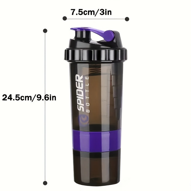 A 500ml protein shaker bottle with layered storage, portable, leak-proof design, and mixing ball. Perfect for gym workouts, weightlifting, and outdoor activities. Ideal for giving as holiday gifts to friends.