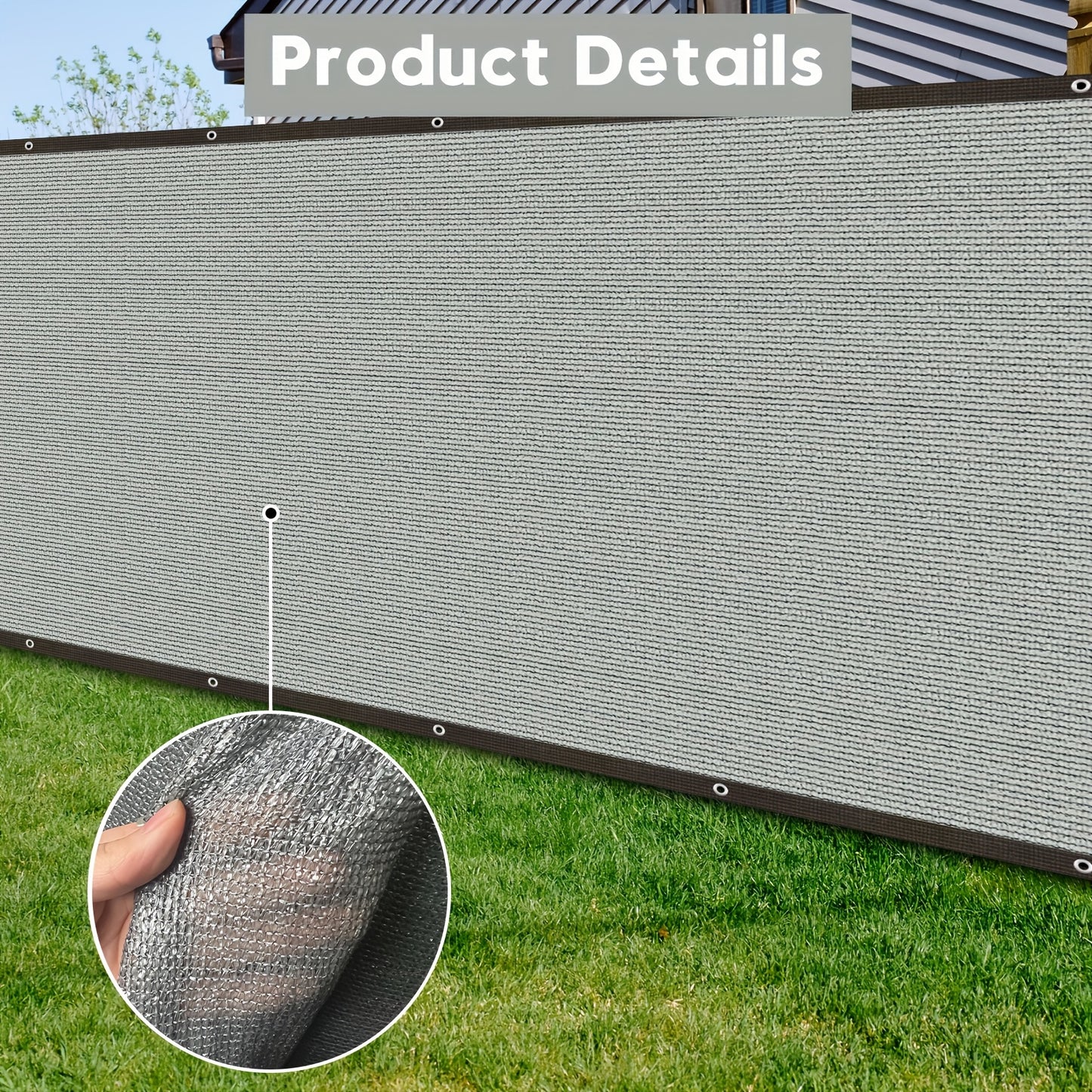 Outdoor privacy screen for fence, balcony and yard, with zip ties. Gray color, 6'x15' dimensions, 150GSM.