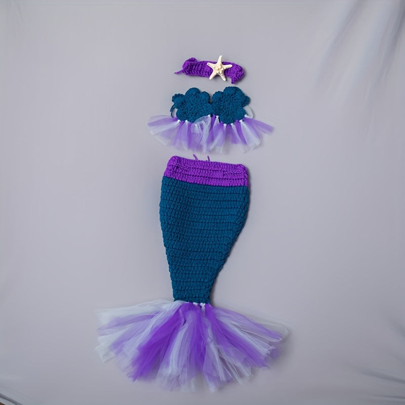 Adorable Handcrafted Crochet Mermaid Tail Photography Prop Set for Infants and Toddlers - Made with High Quality Acrylic Yarn, Comes with Adjustable Headband and Starfish Clip. Ideal for Capturing Sweet Baby Moments, Special Milestones, and Thoughtful