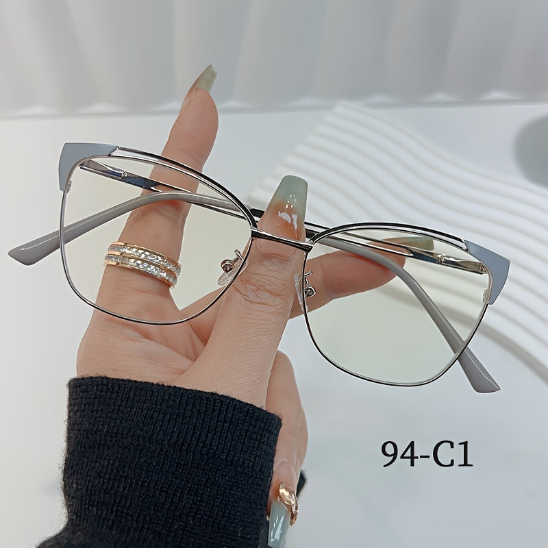 Women's fashion cat eye blue light blocking glasses with metal frame, oval shape, chic design, non-prescription, includes shell case, universal fit.