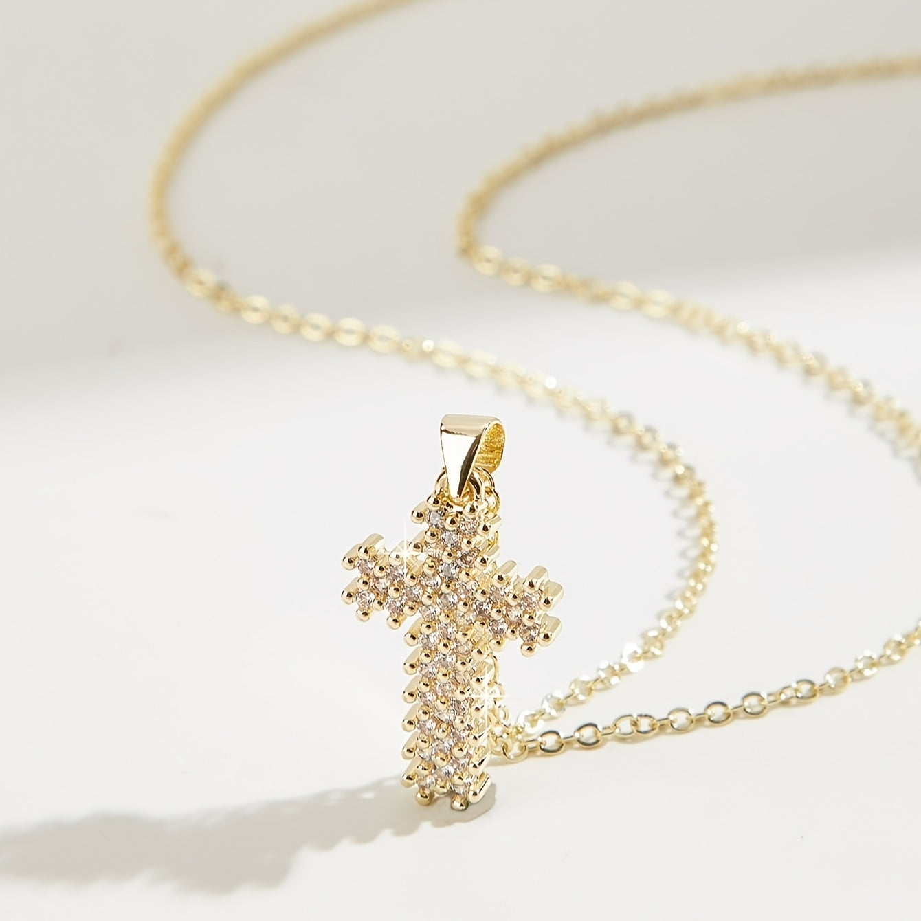 Stylish Cross Pendant Necklace in 14K Gold Plating featuring Synthetic Cubic Zirconia, Religious Charm Symbol, Copper Material, Beautiful Faith-Inspired Present for Girlfriend, Perfect for Everyday and Travel, Ideal Valentine's Day Gift.