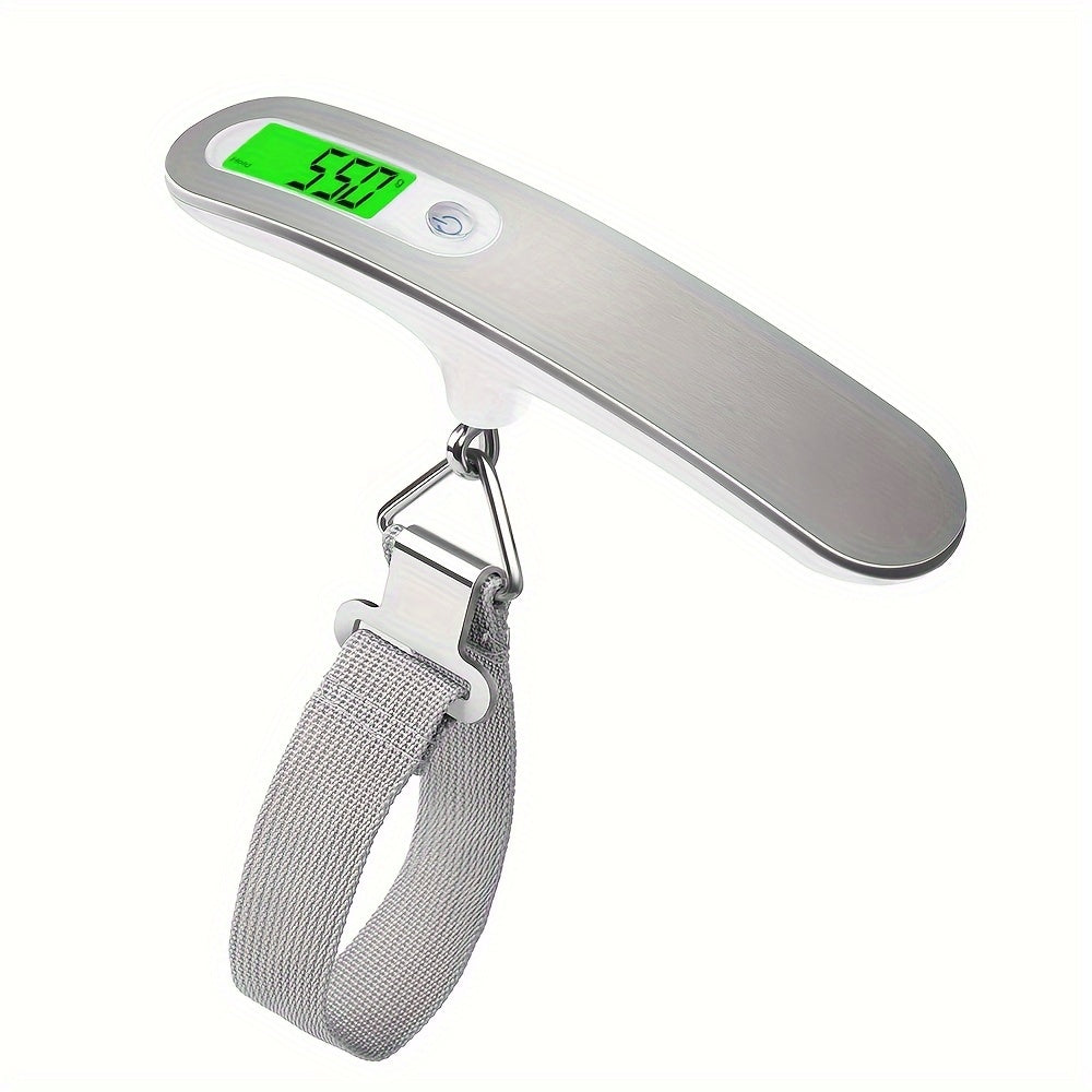 Portable LCD digital luggage scale with a 110lbs/50kg capacity and steelyard hook for travel and fishing.