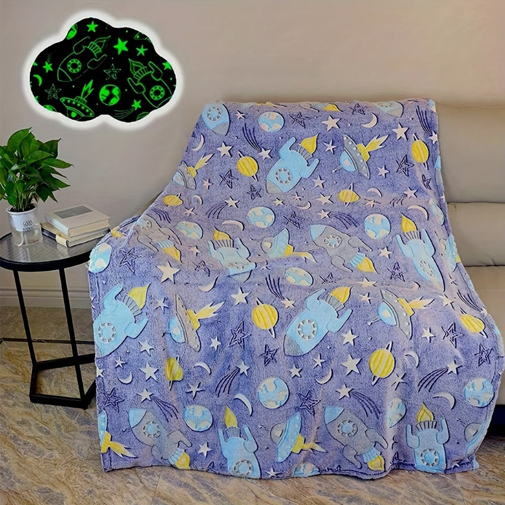 One piece of contemporary style throw blanket featuring glow in the dark space theme. Made of knitted all-season polyester, this bed blanket has active printing with a cartoon rocket and stars pattern. It is soft and can be used as a sofa cover. An ideal