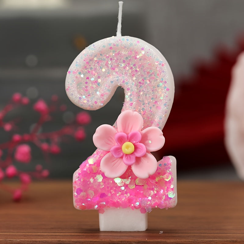 Pink floral number candle for cake decorations and parties.