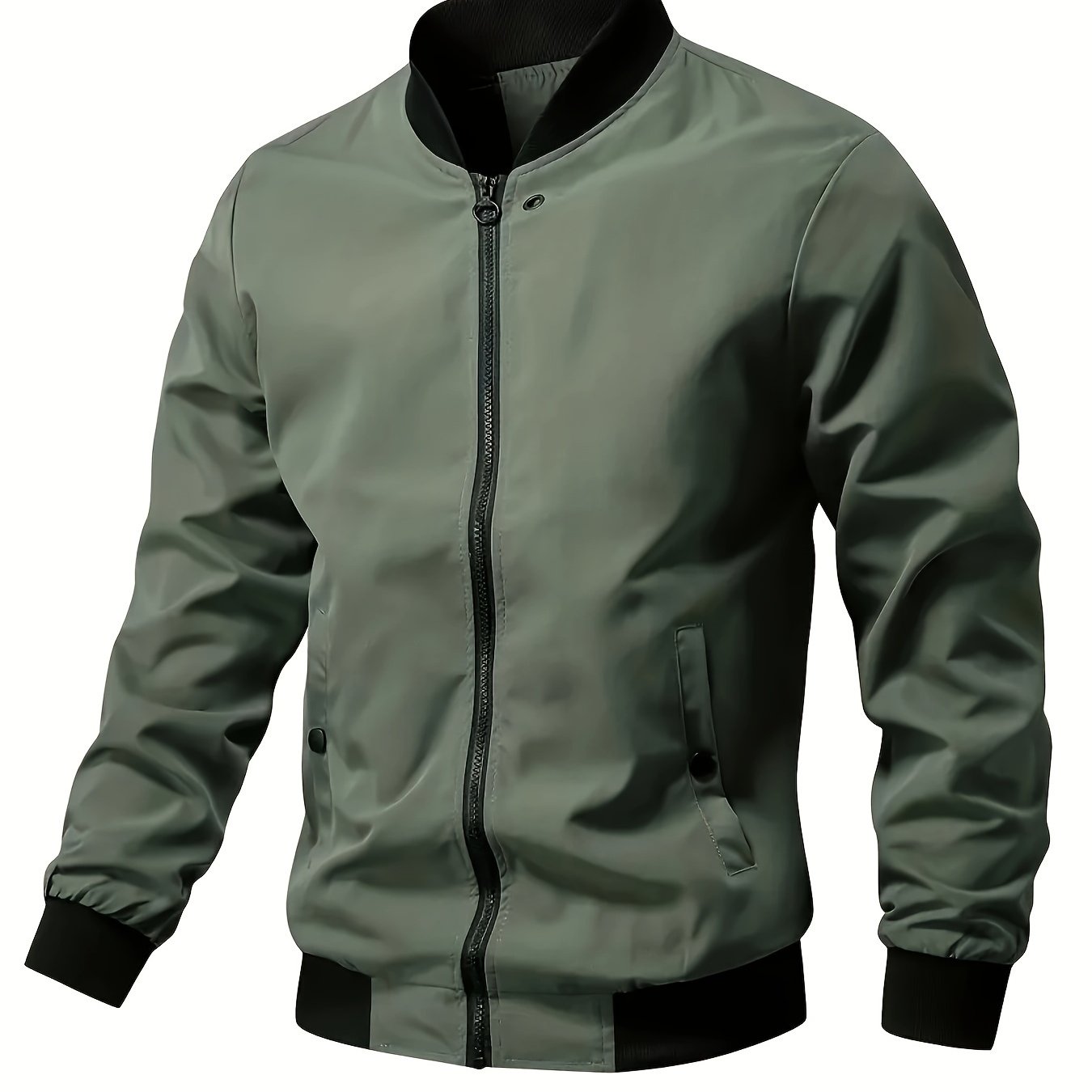 Men's bomber jacket with stand collar, solid color, non-stretch woven acetate, polyester lined, zip-up, lightweight outerwear for spring/fall.