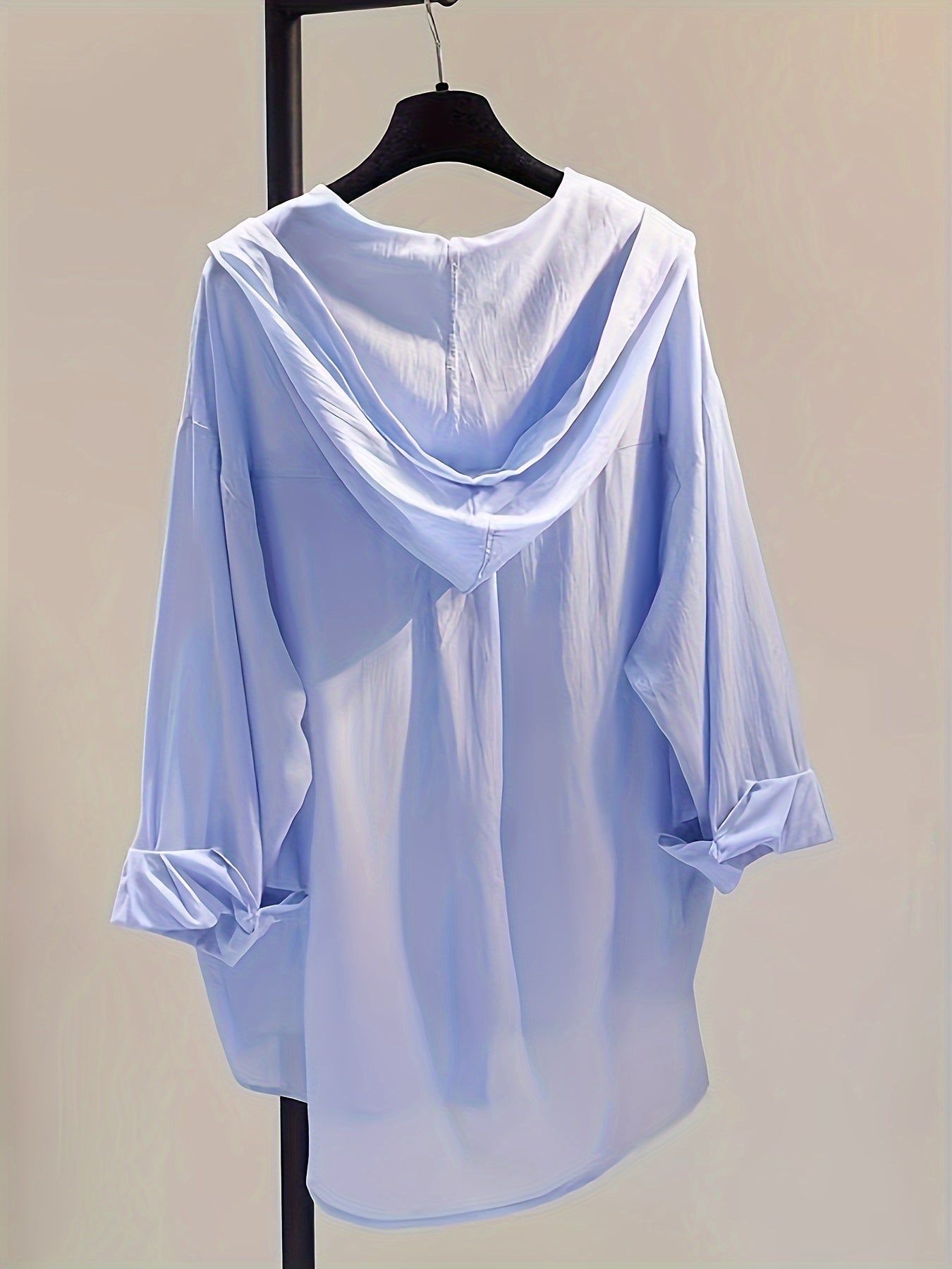 Women's lightweight sun protection shirt with hood, solid color, button-up style with chest pockets, made of semi-sheer polyester, suitable for spring/summer/fall, machine washable.