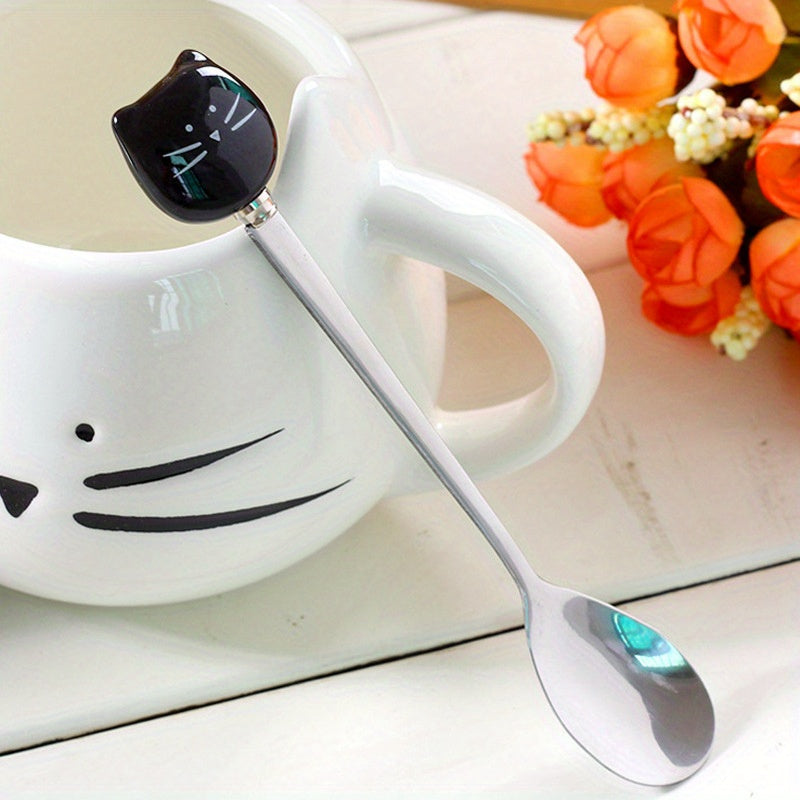 Stainless steel cartoon cat spoon, perfect for ice cream, tea, and soup.