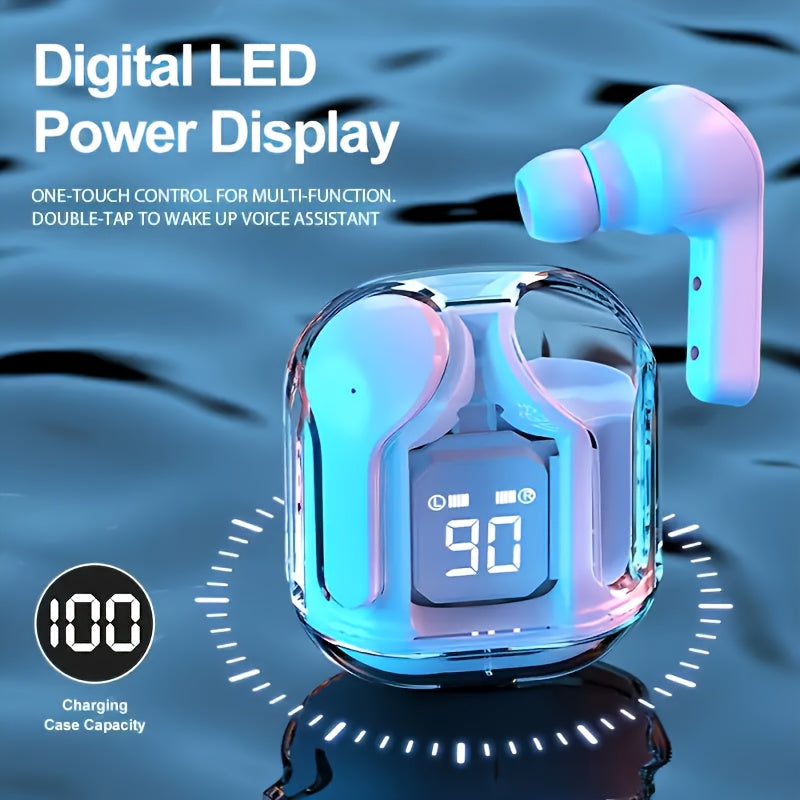 Transparent wireless earbuds with LED display, semi-open-back design, USB-C charging, condenser mic, lithium polymer battery, media control, for adults - charger not included.