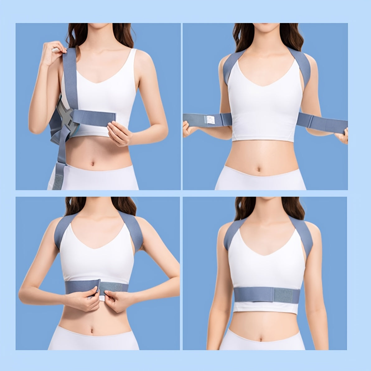 Adults' invisible kyphosis corrector in blue with adjustable strap and breathable mesh for hunchback relief and ergonomic back support, ideal for daily wear.