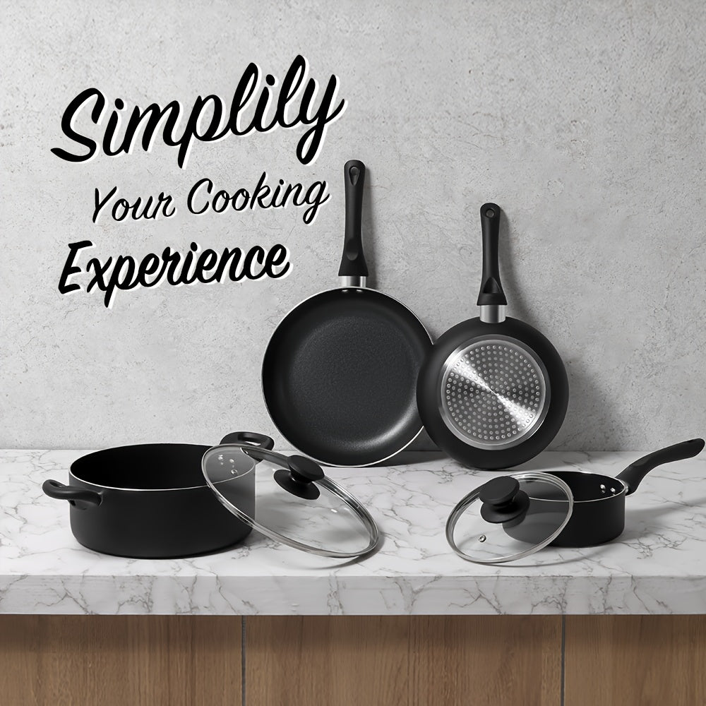 6-piece Nonstick Aluminum Cookware Set with Induction Compatibility, Includes Fry Pan and Stockpot with Black Lids