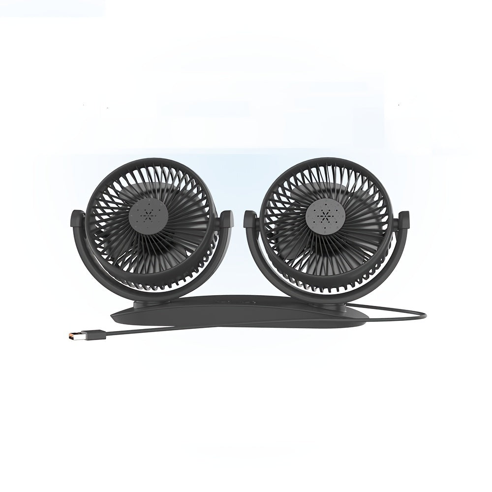 The Dual-Head USB Car Fan features three-speed wind adjustment, an aromatherapy cover, dual switches, multi-angle rotation, a brushless motor, lightweight and portable design, low noise operation, USB powered for energy-saving, a grid mesh cover, a