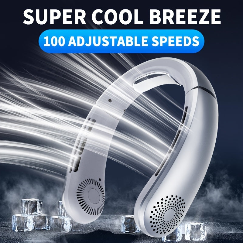 Introducing the 2025 Portable Neck Fan: Experience the innovation of a 100-speed bladeless design, complete with LED display, hands-free wear, and USB rechargeable battery. Perfect for both indoor and outdoor use.