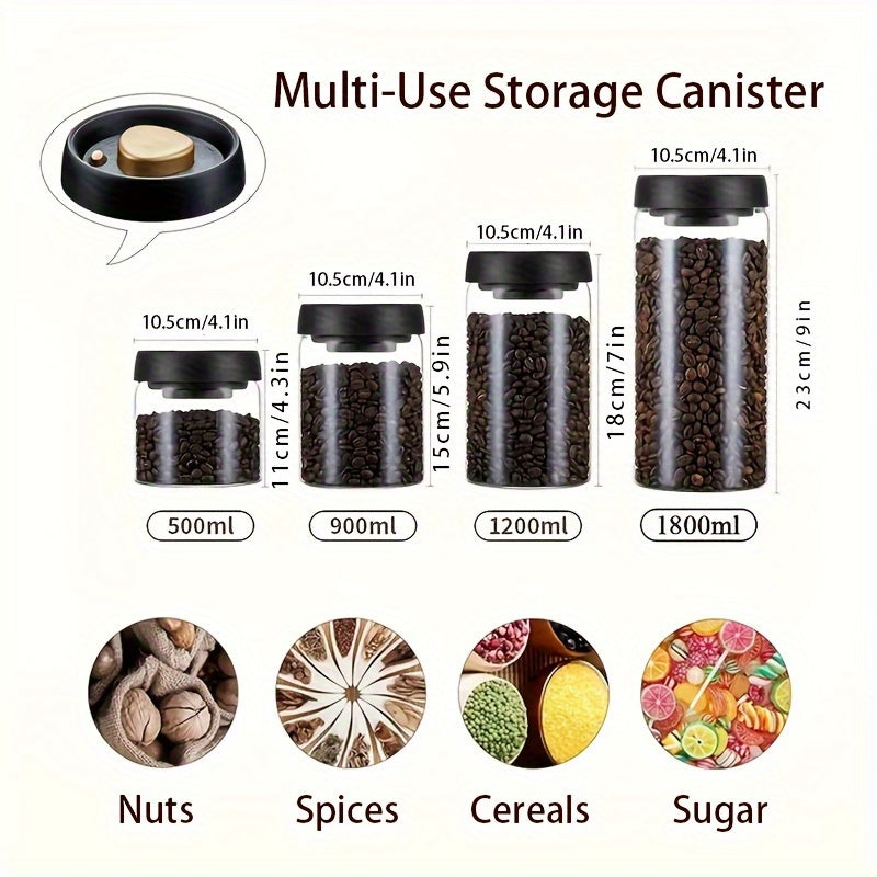 Airtight glass coffee canister for beans, grains, and tea, with vacuum seal lid, made of high borosilicate for home kitchen organization.