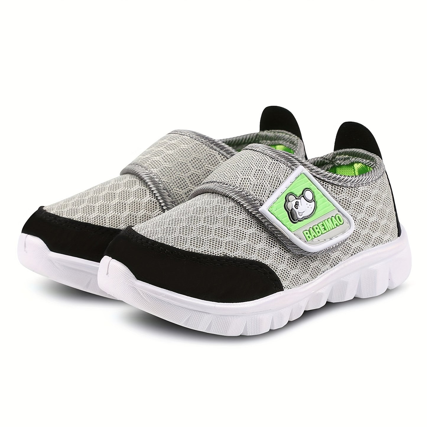 Breathable mesh sneakers with hook-and-loop strap, rubber sole, light gray with black accents for boys.