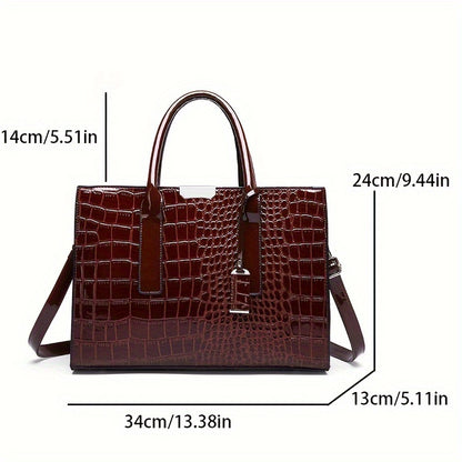 Trendy crocodile-embossed PU tote bag for women. Large capacity with glossy finish, zip closure, black polyester lining. Ideal for travel or gifting. Fashionable accessory with polyester