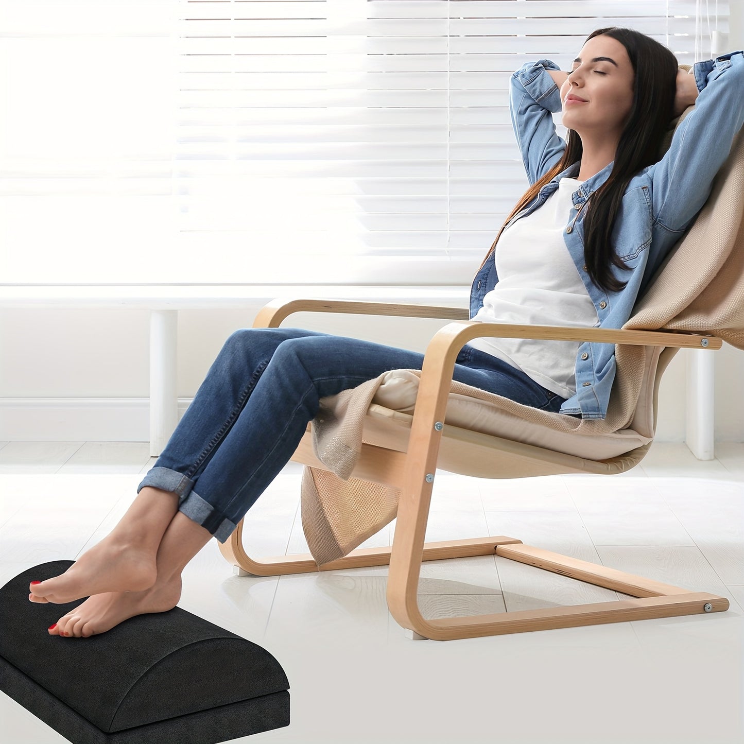 Versatile foot rest with washable cover and 2 adjustable heights for work, car, home, and office.